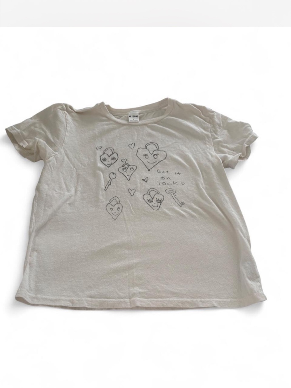 Re/Done Cream Kids Short Sleeve Heart & Key Graphic Tee